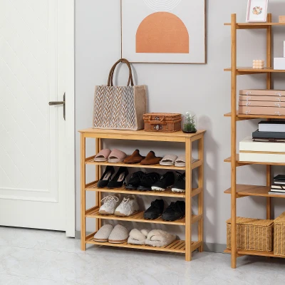 HOMCOM Étagère à chaussures avec 4 étagères, en bambou, à lamelles, jusqu'à taille 45 EU, naturel