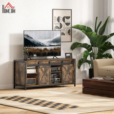 HOMCOM Meuble TV Bas, Design Industriel, pour téléviseurs 60'', 6 Compartiments, 2 Portes Coulissantes, Brun/Noir