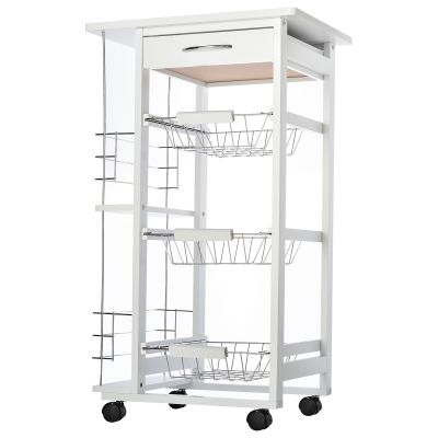 HOMCOM Servierwagen Küchenwagen auf Rollen Multi-Rangements 3 Metallkörbe Schublade + 2 Flaschenhalter Pinienholz Weiß