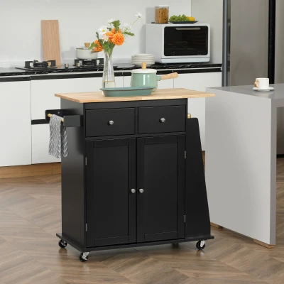 HOMCOM Kücheninsel Küchenmöbel mit Arbeitsplatte Regal Flaschenregal Geschirrtuchhalter 2 Schubladen Doppeltürschrank MDF Schwarz Kautschukholz