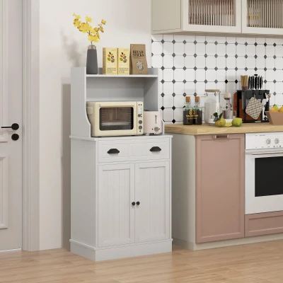 HOMCOM Mikrowellenregal für die Küche mit offenem Raum, 1 Schublade und 2 Türen 61 x 35 x 125,4 cm weiß