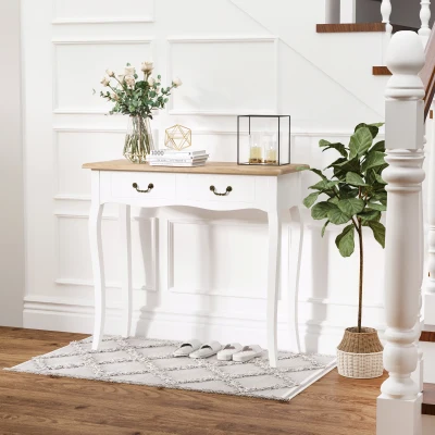 HOMCOM Konsole Eingangstisch Beistelltisch mexikanischer Stil 2 Schubladen Maße 87L x 34B x 78H cm MDF Massivholz Kiefer Hell Weiß
