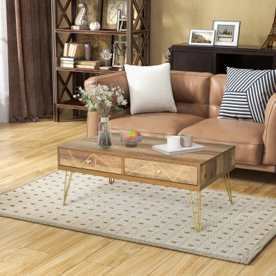 HOMCOM Couchtisch aus Holz Wohnzimmertisch Große Tischplatte und 2 Schubladen Luxuriöses Design Elegante Dekoration mit Handgemalten Goldenen Linien 110L x 59B x 42H cm Braun