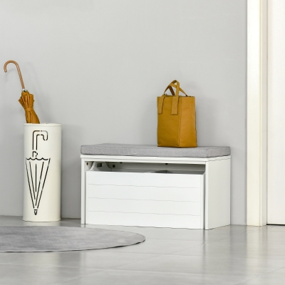 HOMCOM Schuhschrankbank mit Grauem Kissen - Schuhschrank - Schuhschrankbank mit Großem Schubfach Doppelfach - MDF Weiß
