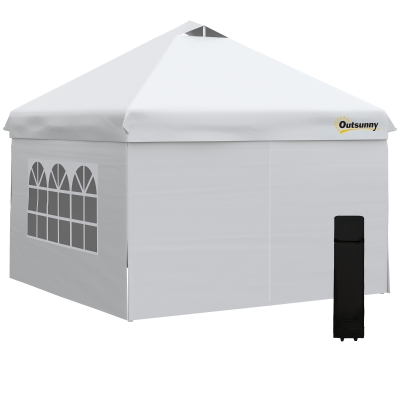 Outsunny Pop-Up Gartenpavillon Barnum 3x3 m mit höhenverstellbarer Gestell, 4 abnehmbaren Seitenwänden, Fenstern, rollbare Transporttasche - Weiß
