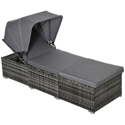 Outsunny Chaise longue en rotin polymère avec auvent Transat de jardin réglable Lit de jardin en rotin Mobilier de jardin avec coussins Gris 195 x 65 x 40 cm