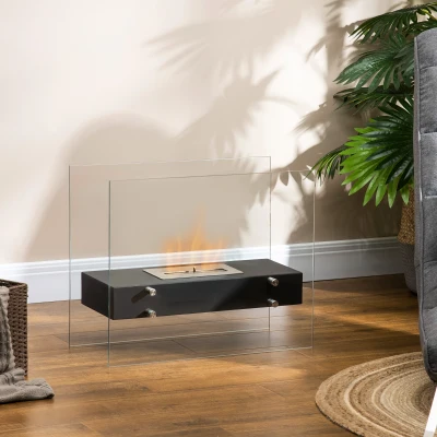 HOMCOM Stand-Bioethanol-Kamin aus Metall und gehärtetem Glas mit 1,5-Liter-Tank, ca. 3 Stunden Brenndauer, für 25 m² - Abmessungen: 60L x 26B x 50H cm