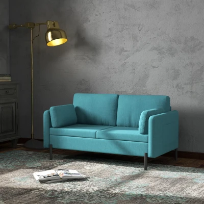 HOMCOM 2-Sitzer-Sofa im zeitgenössischen Stil mit 2 Taschen an den Armlehnen Stahlbeine mit Pulverbeschichtung Stoffbezug Leinenoptik blau