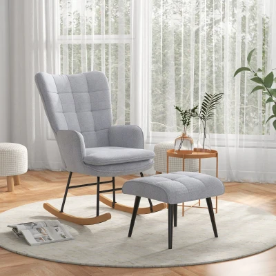 HOMCOM Fauteuil à bascule avec Ottomane design scandinave Fauteuil à bascule avec repose-pieds, bois de hêtre, capitonné, 64 cm x 89 cm x 90 cm Gris