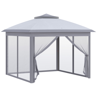 Outsunny Faltpavillon, Gartenpavillon, Metall und Stoffplane, Netzvorhänge, Entwässerungslöcher, 330L x 330B x 288H cm, Grau
