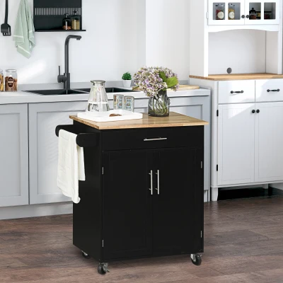 HOMCOM Küchenwagen auf Rollen, Servierwagen mit Schublade, Schranktür und Handtuchhalter - 83B x 45T x 91,5H cm Schwarz
