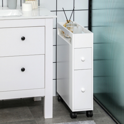 HOMCOM Meuble de salle de bain, Meuble à roulettes, Design étroit, deux tiroirs, quatre roues, blanc, 16 x 49,5 x 66 cm