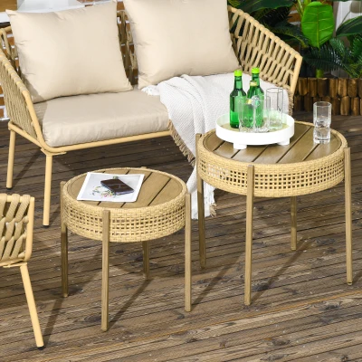 Outsunny Ensemble aus 2 runden Beistelltischen für den Innen- oder Außenbereich - Beistelltische aus PE-Rattan-Effekt im Boho-Stil