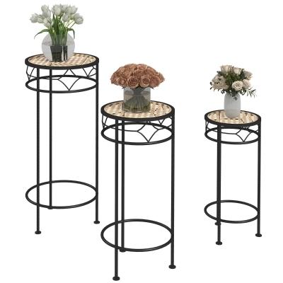 Outsunny Set aus 3 Blumentopfhaltern Pflanzenständer rund Blumenregal stapelbar - Rattanoptik Tablett
