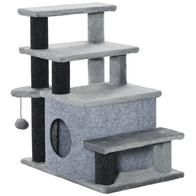 PawHut Arbre à gratter, escalier pour animaux, 4 marches, balle de jeu, maisonnette, ajustable en hauteur, noir+gris, 60 x 40 x 66 cm