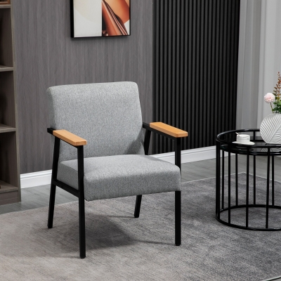 HOMCOM Fauteuil d'Appoint au Design Scandinave, Fauteuil de Relaxation, Fauteuil d'Appoint, Revêtement en Lin, Bois de Caoutchouc, Gris + Noir + Marron