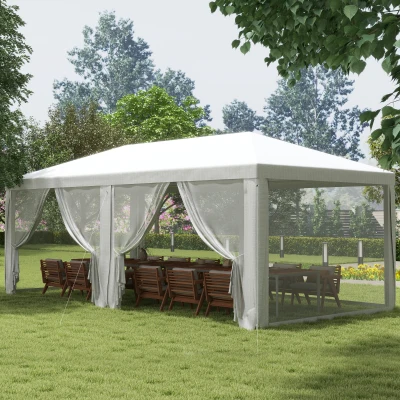 Outsunny Garten Empfangszelt Pavillon mit 6 abnehmbaren Seitenwänden, Maße 6L x 3B m, für Partys, Veranstaltungen, Weiß