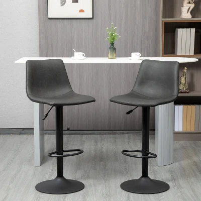 HOMCOM Set aus 2 höhenverstellbaren schwenkbaren Barhockern im Vintage-Stil mit Fußstützen aus Kunstleder - Schwarz - Höhenverstellbar 90-110 cm