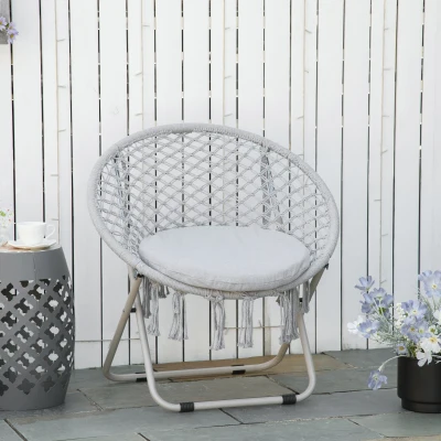 Outsunny Hängesessel Runder Gartenstuhl Mond Papasan Klappbarer großer Komfort Makramee Baumwolle Polyester Grau