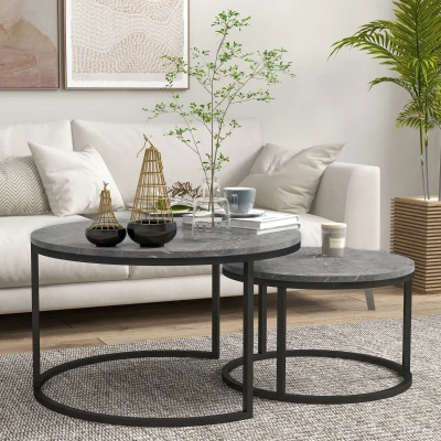 HOMCOM Set aus 2 stapelbaren Couchtischen, industrielles Design mit Zementimitat-Platte, Metallfüße in Grau
