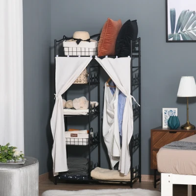 HOMCOM Kleiderschrank Multistauraum 5 Regale 84L x 42B x 159H cm Metall Schwarz Blumenmuster 2 Weiße Vorhänge