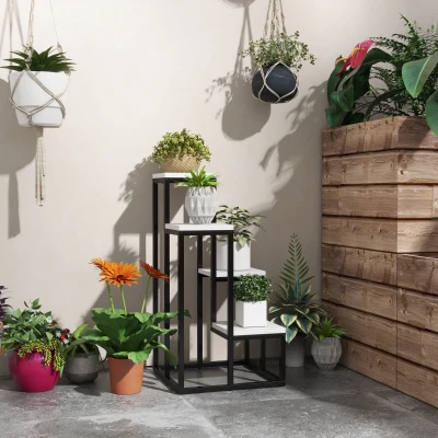 Outsunny Étagère à fleurs, 4 étages, intérieur & extérieur, structure métallique, 34L x 34l x 70H cm, Noir+Blanc