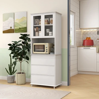 HOMCOM Küchenbuffet Aufbewahrungsschrank 2 Glastüren 3 Schubladen und mittleres Fach 68B x 38T x 172H cm MDF weiß