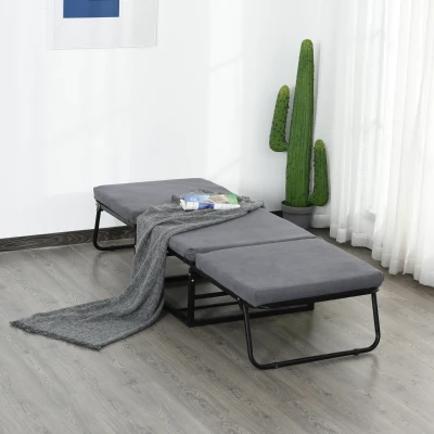 HOMCOM Lit d'appoint pliable, Tabouret 2-en-1, Hauteur de la tête réglable, Polyester+Acier+Mousse, Gris, 192 x 68 x 37 cm