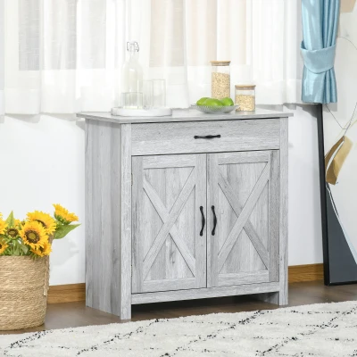 HOMCOM Buffet 2 Türen Schublade ländlich-schick Schrank mit höhenverstellbarem Regal Metallgriffe MDF Spanplatten helle Holzoptik mit Ährenmuster