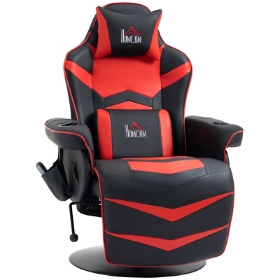 HOMCOM Fauteuil Gaming, Fonction de Massage, Dossier Inclinable, Repose-Pieds, jusqu'à 120 kg, Cadre en Acier, Similicuir, Rouge