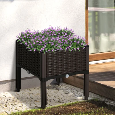 Outsunny Bac surélevé, Bac à plantes avec trous de drainage, Bac à fleurs style rotin, en plastique, Marron, 40 x 40 x 44 cm