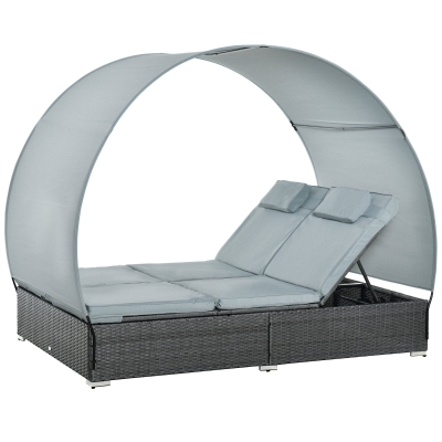 Outsunny Chaise longue double en rotin poly pour 2 personnes avec auvent de soleil Transat de jardin en acier polyester Gris 196 x 137 x 36,5 cm