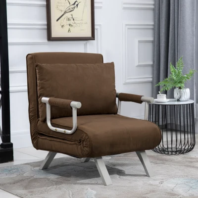 HOMCOM Sessel-Schlafsofa 1-Sitzer Convertible Abnehmbarer Gesteppter Suede-Bezug Maximaler Komfort Kissen Metallarmlehren Braun