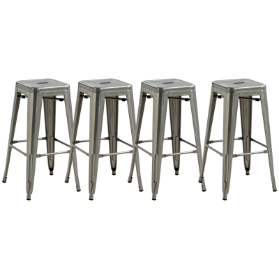 HOMCOM Set mit 4 stapelbaren Barhockern im industriellen Stil Sitzhöhe 76 cm Metall Silber