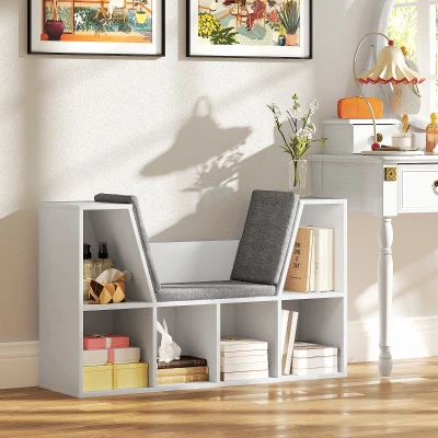 HOMCOM Étagère à livres avec assise, 6 compartiments, rembourrée, 105 x 30 x 63 cm, Blanc
