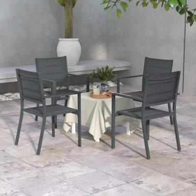 Outsunny Set aus 4 stapelbaren Gartenstühlen aus Aluminium und Textilene mit Armlehnen, 4er Set für den Außenbereich