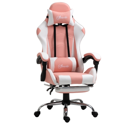 Vinsetto Gaming Stuhl Chaise de Bureau Ergonomique Fauteuil Gamer avec Appui-tête Coussin Lombaire Chaise de Bureau réglable en hauteur Rotative à 360° Mousse Cuir Artificiel PVC Rose+Blanc 64 x 67 x 119-127 cm