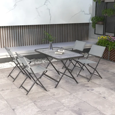 Outsunny Gartenmöbelset 4 Stühle + 1 Gartentisch 5-teilig klappbar Stühle Textilene gehärtetes Glas Grau