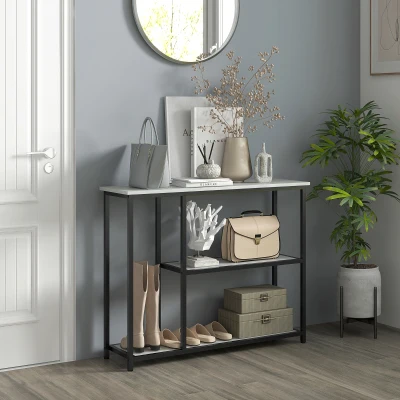 HOMCOM Console d'Entrée au Design Industriel, 2 Étagères, Effet Marbre, Noir + Blanc