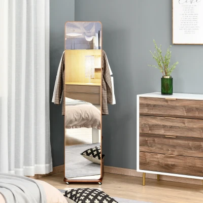 HOMCOM Standspiegel mit Rollen - Kleiderstange, 4 Haken, Regal MDF Nussbaumoptik