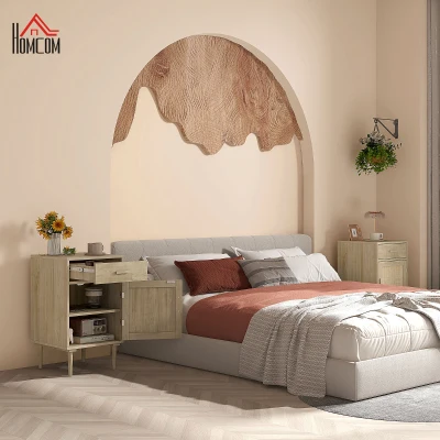 HOMCOM Nachttisch mit Schrank und geflochtener Rattantür + 1 Schublade Bohème Design - 40 x 40 x 68,5 cm Natur