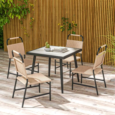 Outsunny Gartentisch, quadratisch und 4 Gartenstühle, 5-teilig, gehärtete Glasplatte, Kunststoffrattan