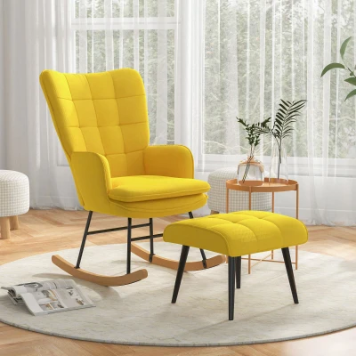 HOMCOM Rocking-chair avec Repose-Pied en Design Scandinave Rocking-chair avec Pouf, Bois de hêtre, Rembourrage, 64 cm x 89 cm x 90 cm Jaune
