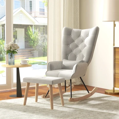 HOMCOM Fauteuil à bascule avec repose-pieds, rembourré, dossier haut, aspect velours, jusqu'à 150 kg, Blanc crème