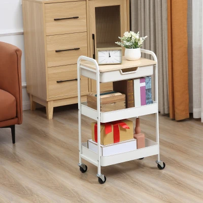 HOMCOM Küchenwagen Servierwagen 2 Regale Schublade Ablage Holzoptik Stahl PP Weiß