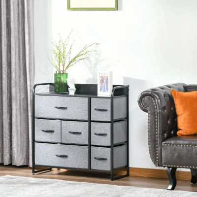 HOMCOM Kommode 7 Schubladen Aufbewahrungsmöbel Stoffschubladen Faltbarer - schwarzes Stahlgestell - 80L x 29B x 78,5H cm, Schwarz und Grau