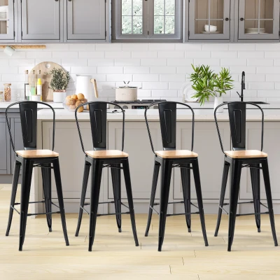 HOMCOM Set mit 4 Industriellen Barhockern mit Rückenlehne Fußstütze Sitzhöhe 76 cm Metall Schwarz Mehrschichtige E1-Spanplatten Holzimitat