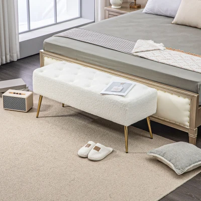 HOMCOM Banc rembourré, boutonnière, imitation laine d'agneau, jambes dorées, jusqu'à 120kg, 112x41x46cm, Crème