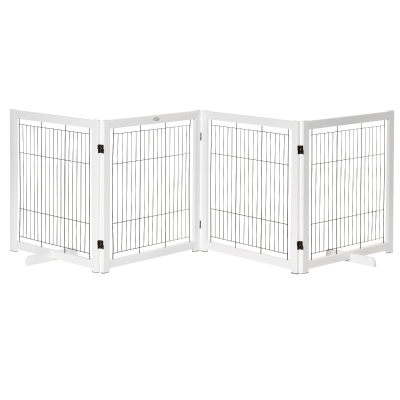 PawHut Barrière de Protection en Bois pour Porte pour Chiens Barrière de Sécurité pour Chien Pliable Bidirectionnelle en Acier Blanc 305 x 35,5 x 82 cm