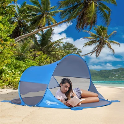Outsunny Strandunterstand Strandzelt faltbar pop-up automatisch UV-Schutz hinteres Fenster große Bodenmatte himmelblau